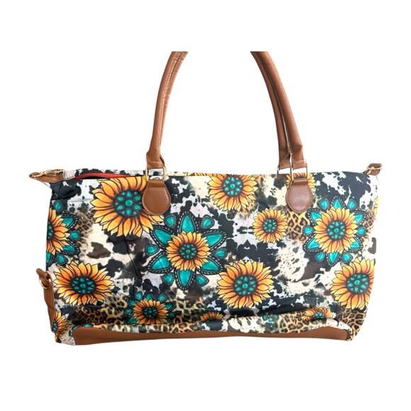 Sunflower Leopard Weekender Bag • Large Travel Tote • Cowhide Print Duffel - Picture 3 of 8